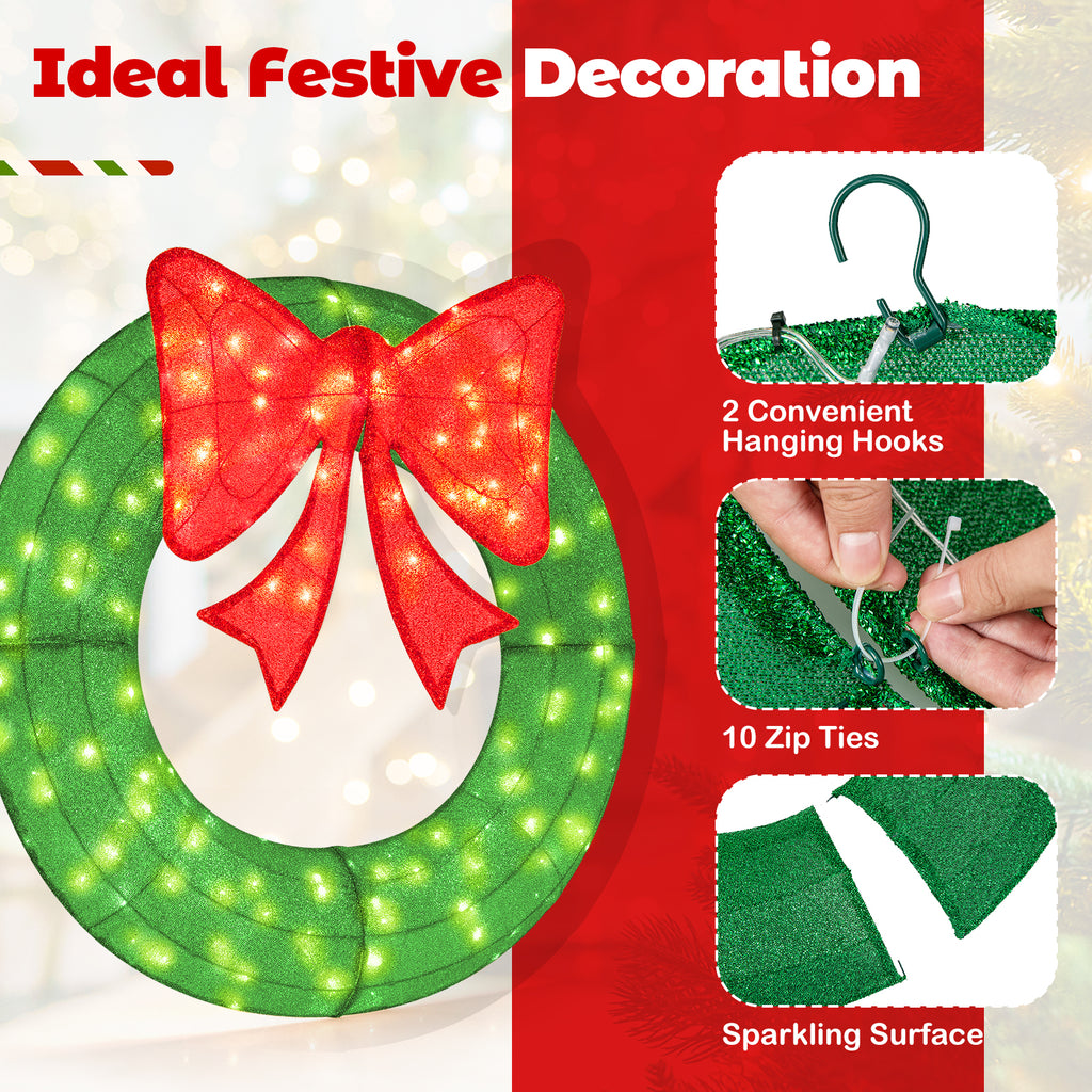 48 Inch Pre-Lit Christmas Mesh Wreath with Bow & 200 LED Bulbs - Green