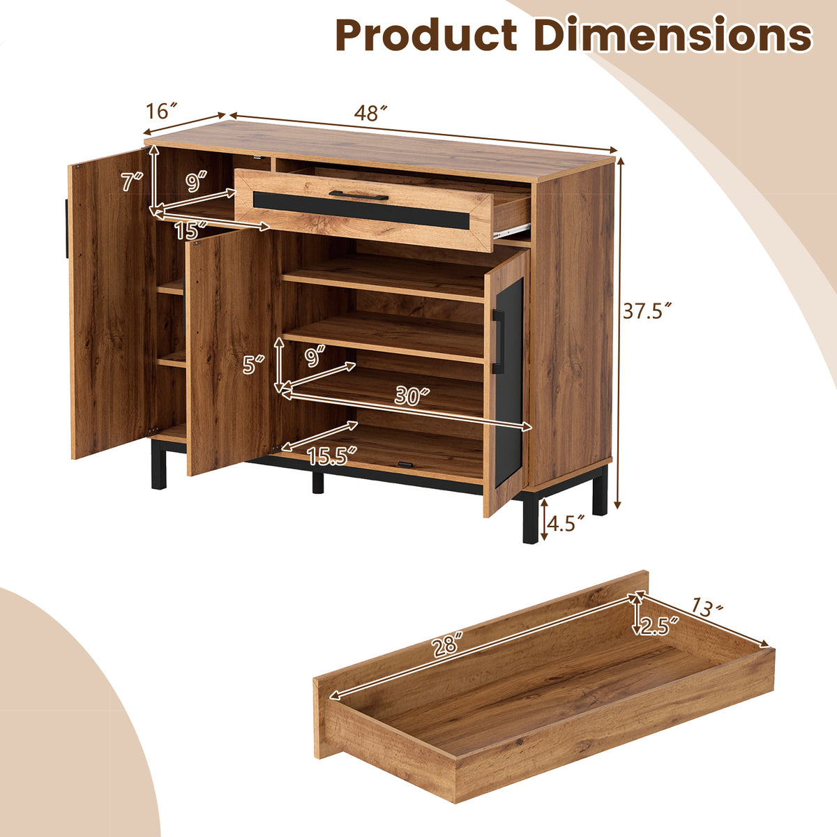 48 Inch Sideboard Buffet Cabinet with 3 Doors – Natural