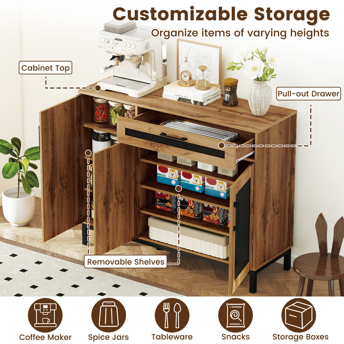 48 Inch Sideboard Buffet Cabinet with 3 Doors – Natural
