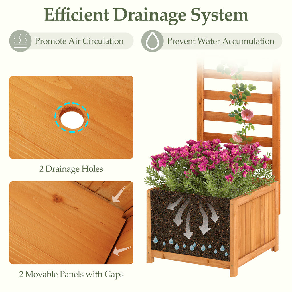 48 Inch Wood Raised Garden Bed with Trellis & Drainage Holes - Natural Slats