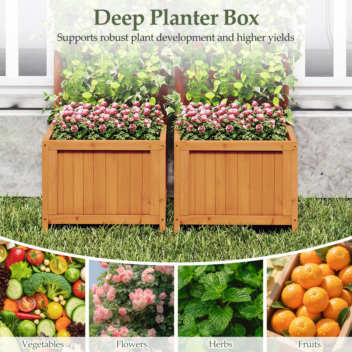 48 Inch Wood Raised Garden Bed with Trellis & Drainage Holes - Natural Slats