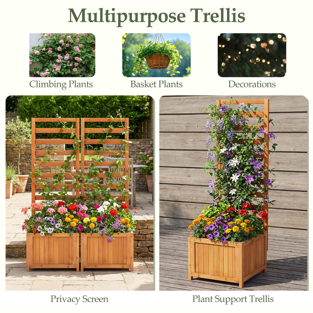 48 Inch Wood Raised Garden Bed with Trellis & Drainage Holes - Natural Slats