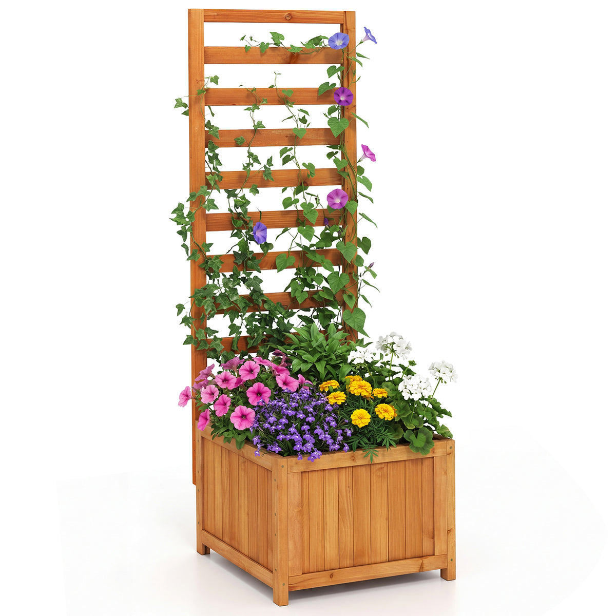 48 Inch Wood Raised Garden Bed with Trellis & Drainage Holes - Natural Slats