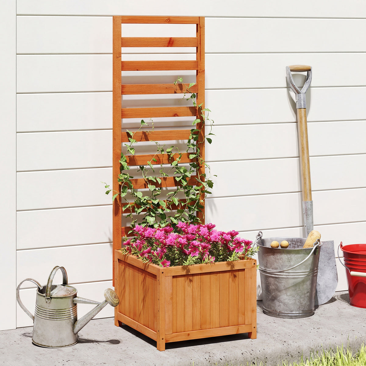48 Inch Wood Raised Garden Bed with Trellis & Drainage Holes - Natural Slats
