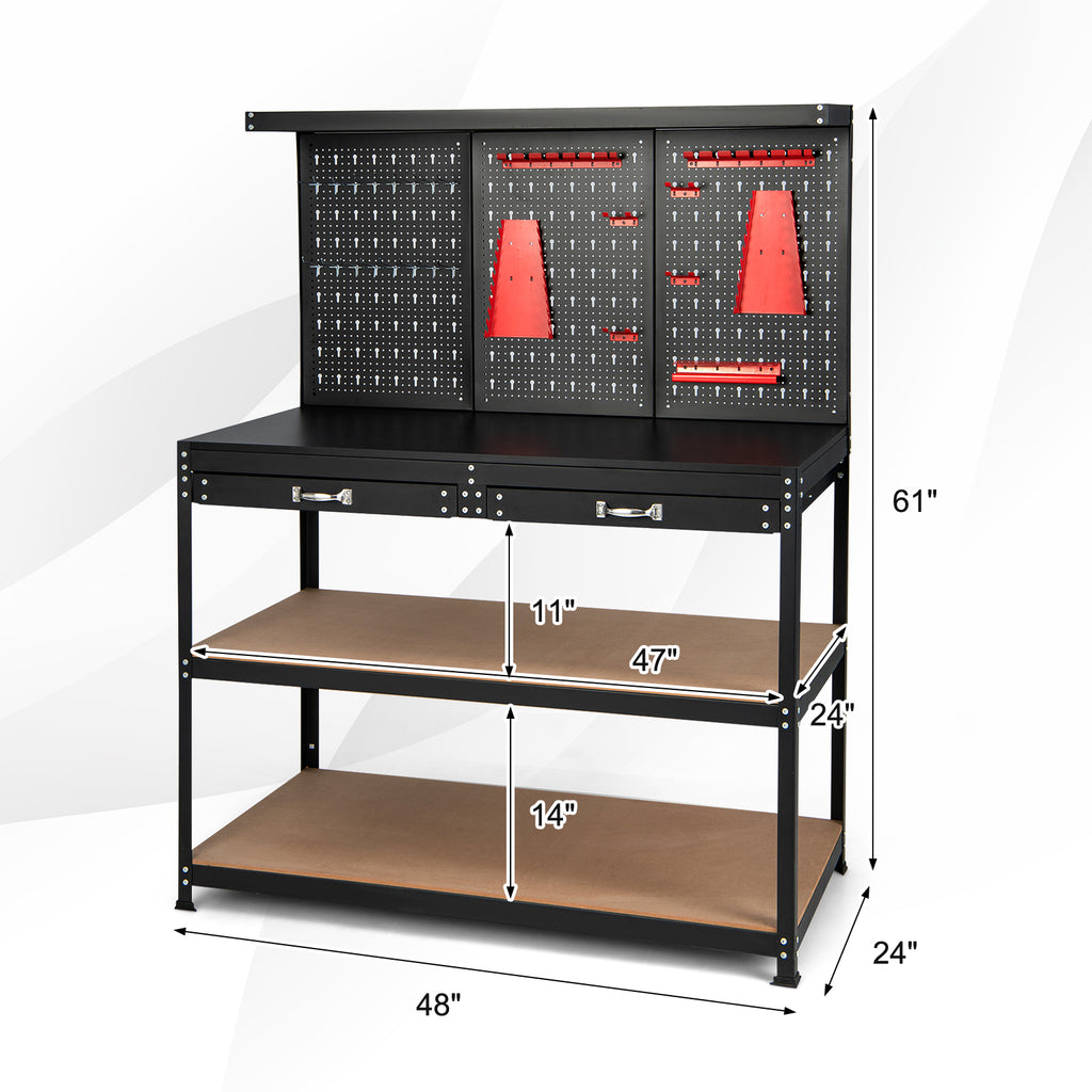 48 Inch Workbench with Pegboard and Drawers