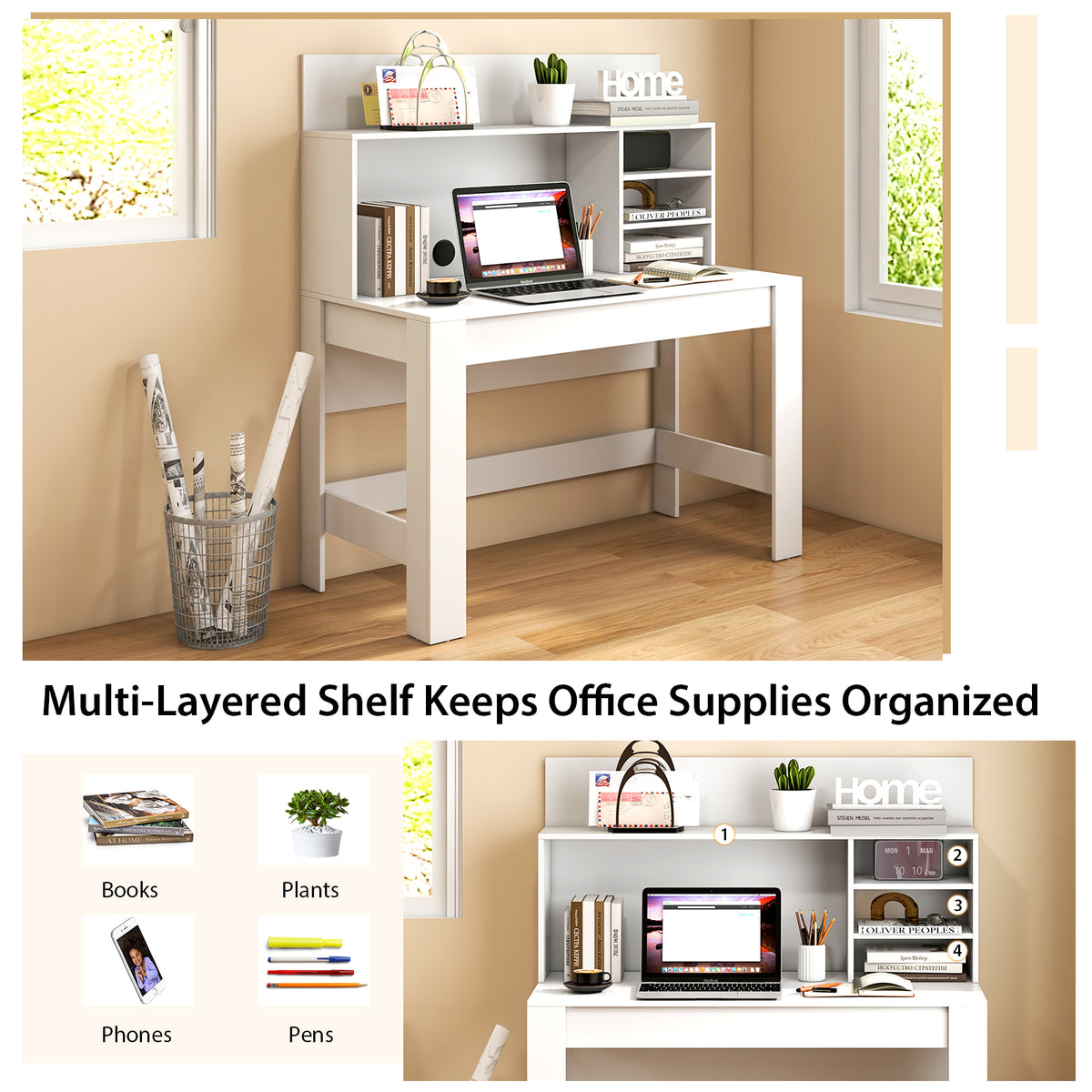 48 Inch Writing Computer Desk with Cable Management – White