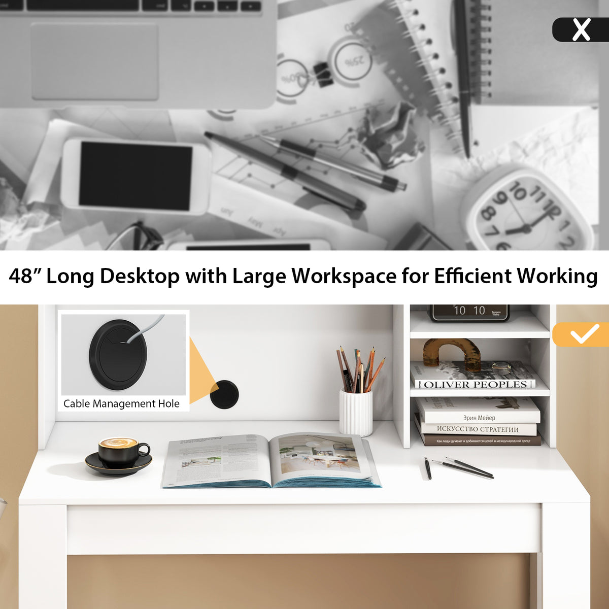 48 Inch Writing Computer Desk with Cable Management – White