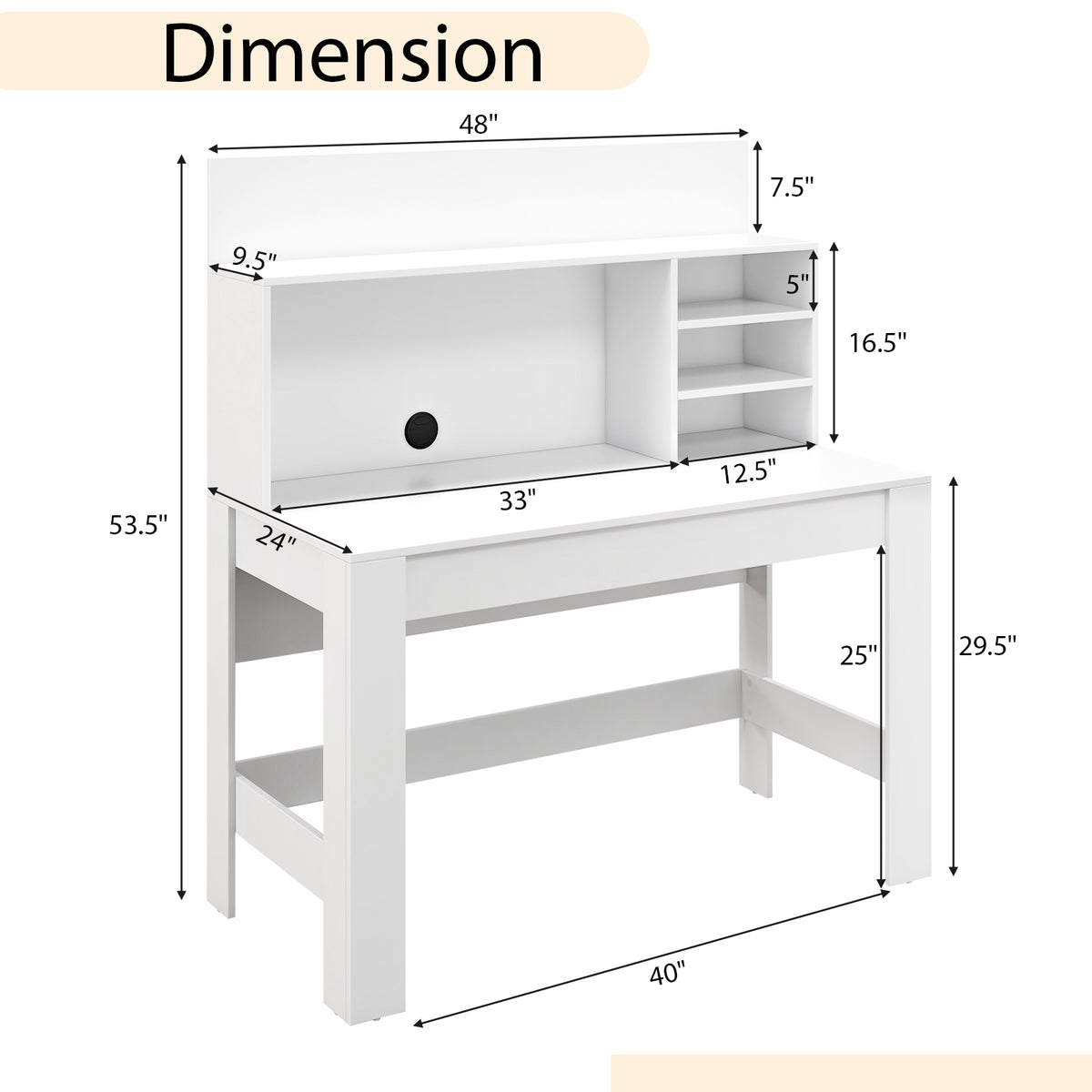 48 Inch Writing Computer Desk with Cable Management – White