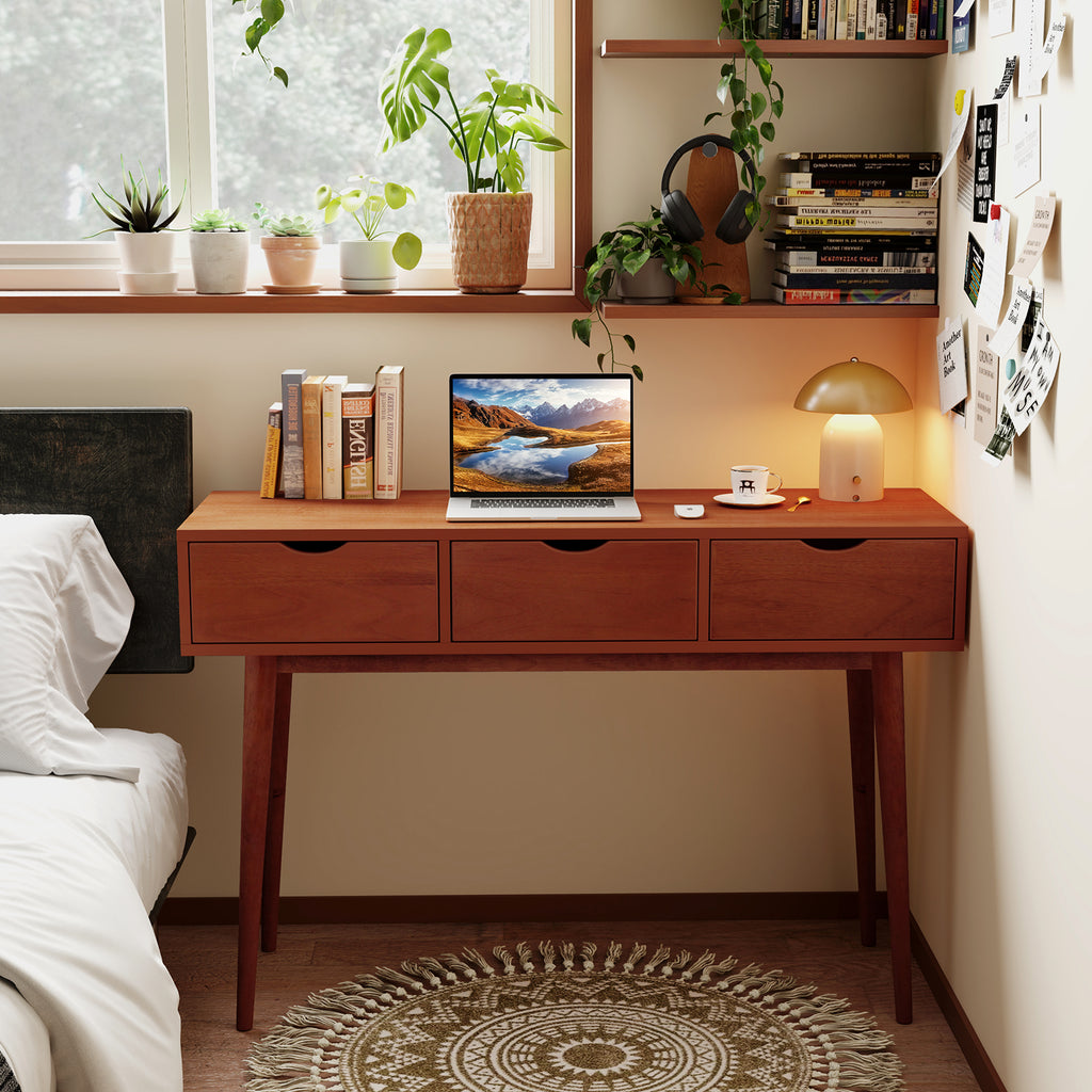 48 Inch Writing Computer Desk with 3 Drawers Solid Wood Legs