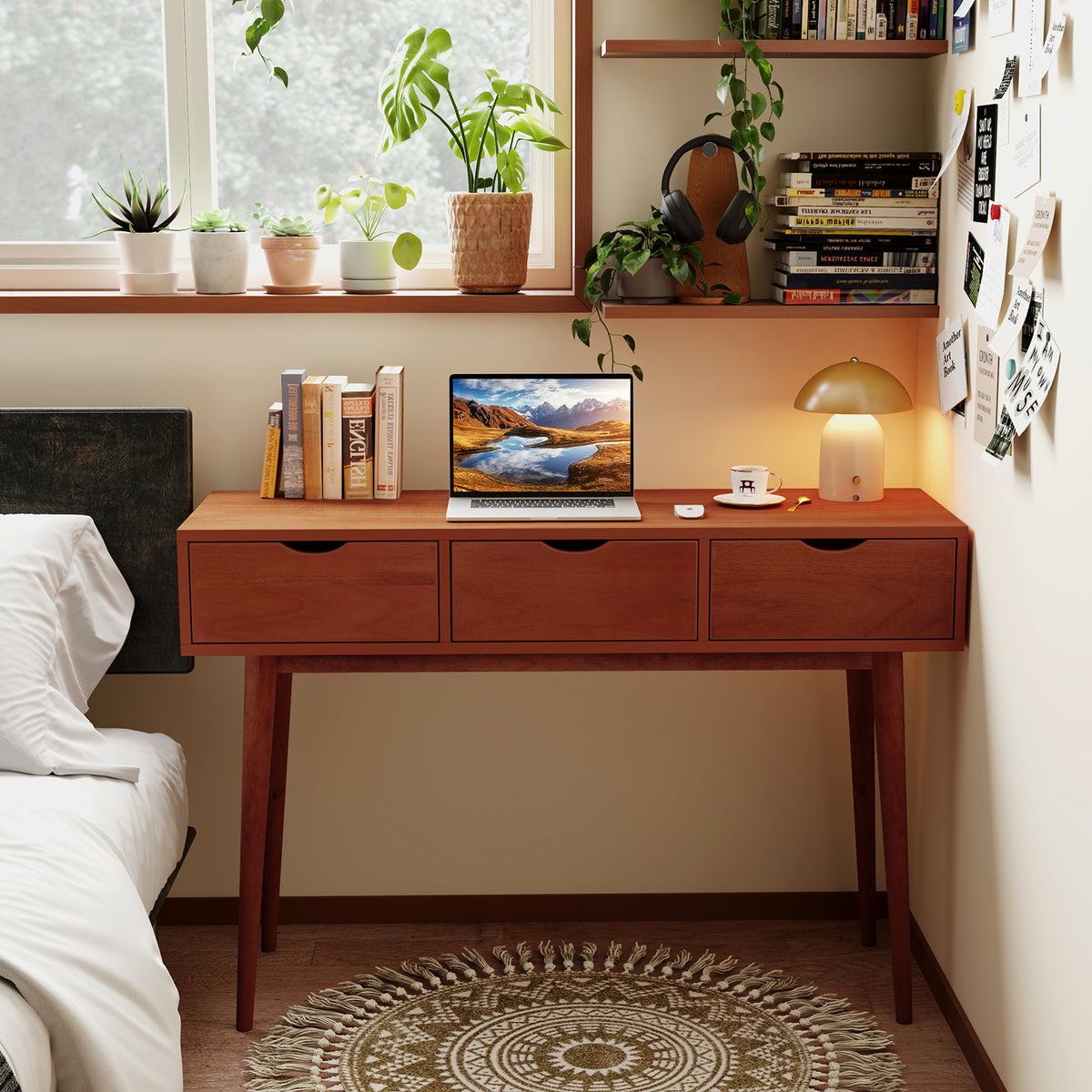 48 Inch Writing Computer Desk with 3 Drawers Solid Wood Legs