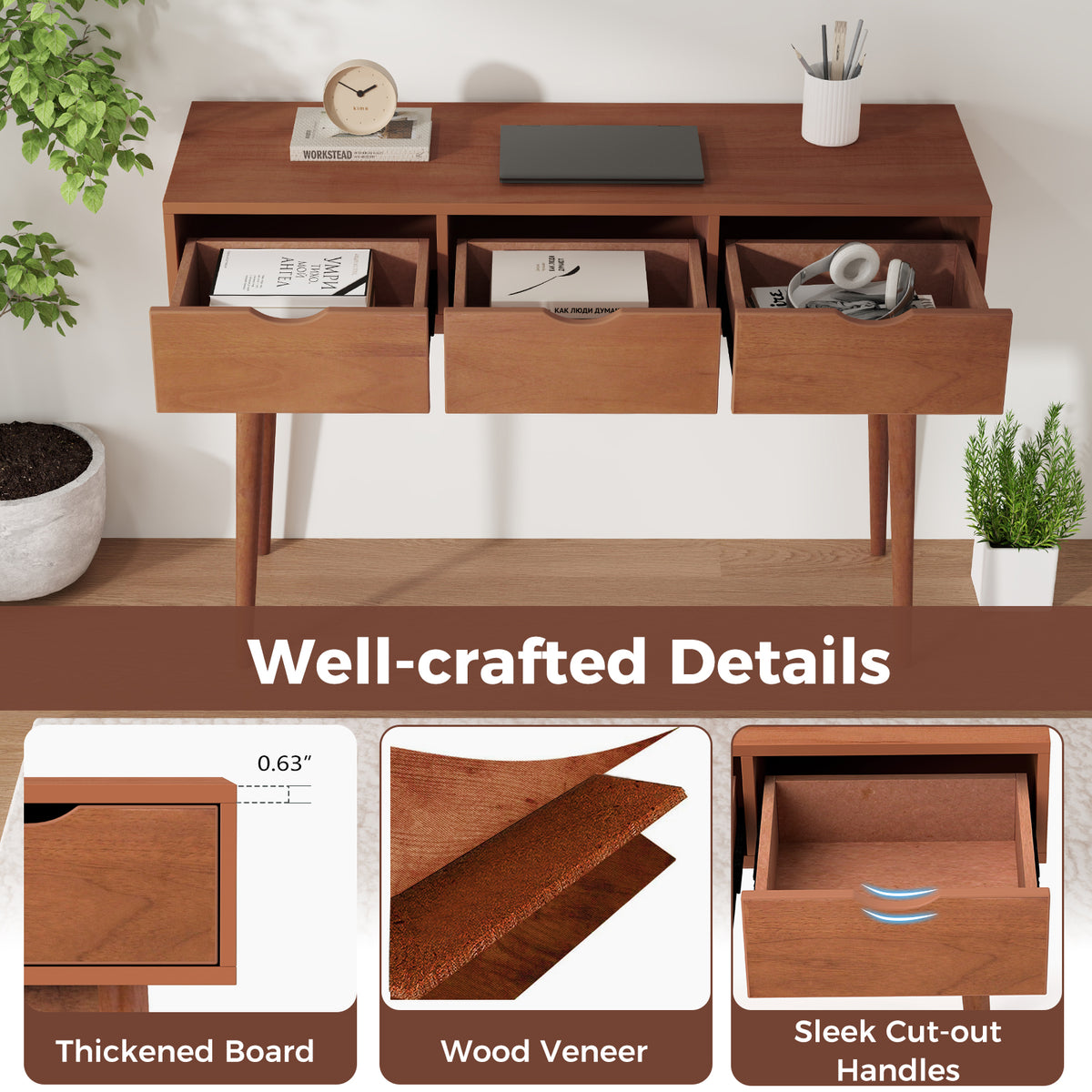 48 Inch Writing Desk with 3 Drawers - Walnut