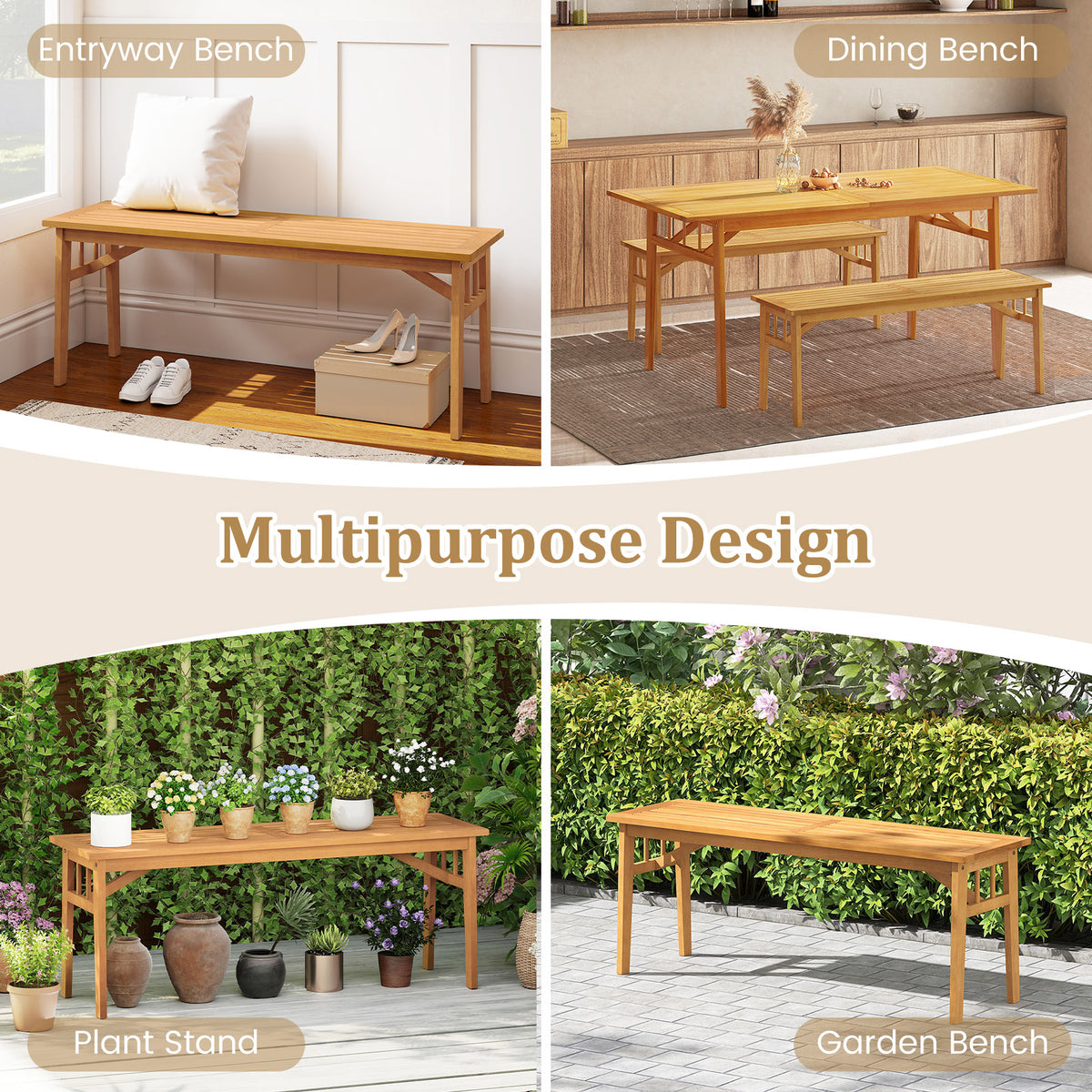 48 Inch Acacia Wood Bench - Dining Garden Backyard Seat