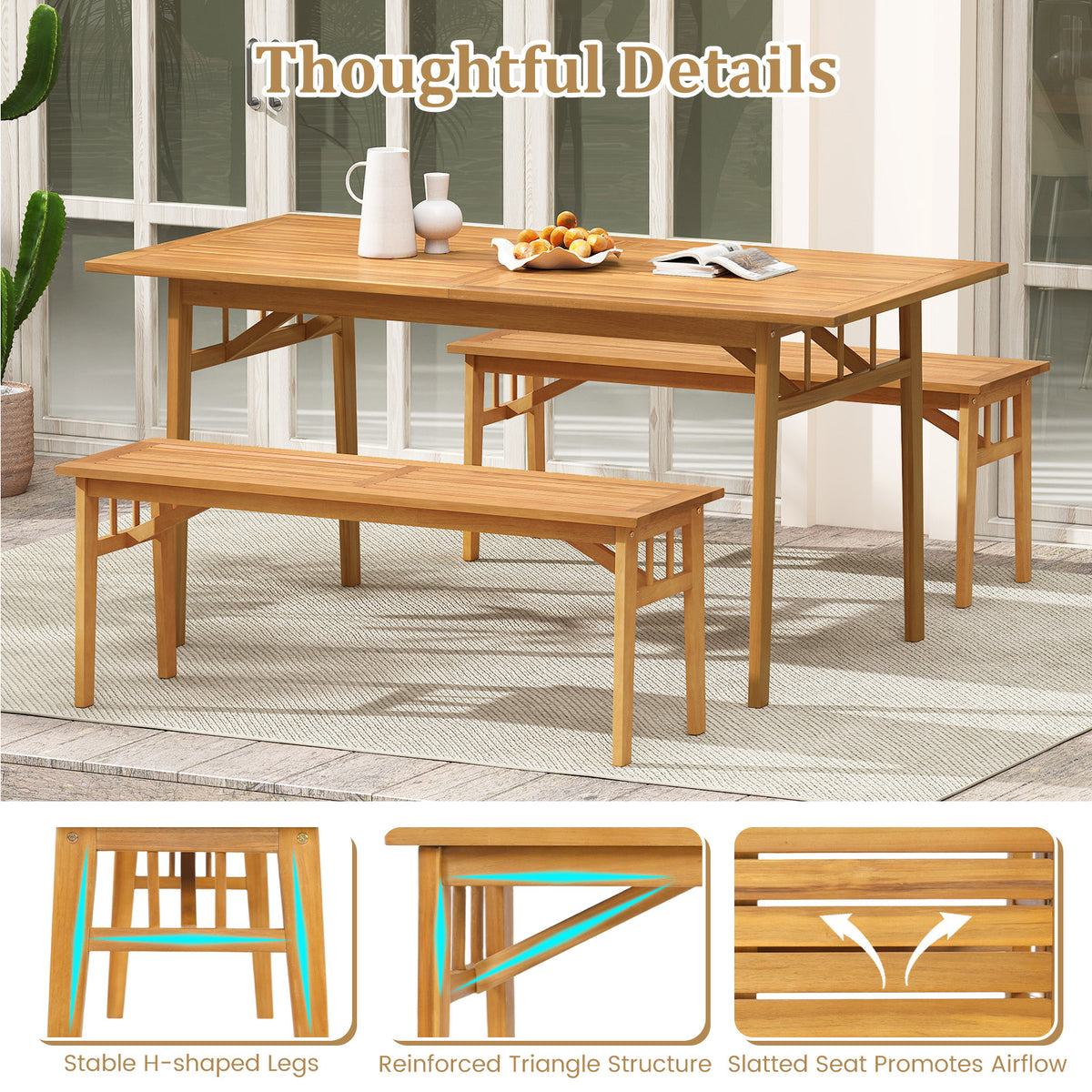 48 Inch Acacia Wood Bench - Dining Garden Backyard Seat