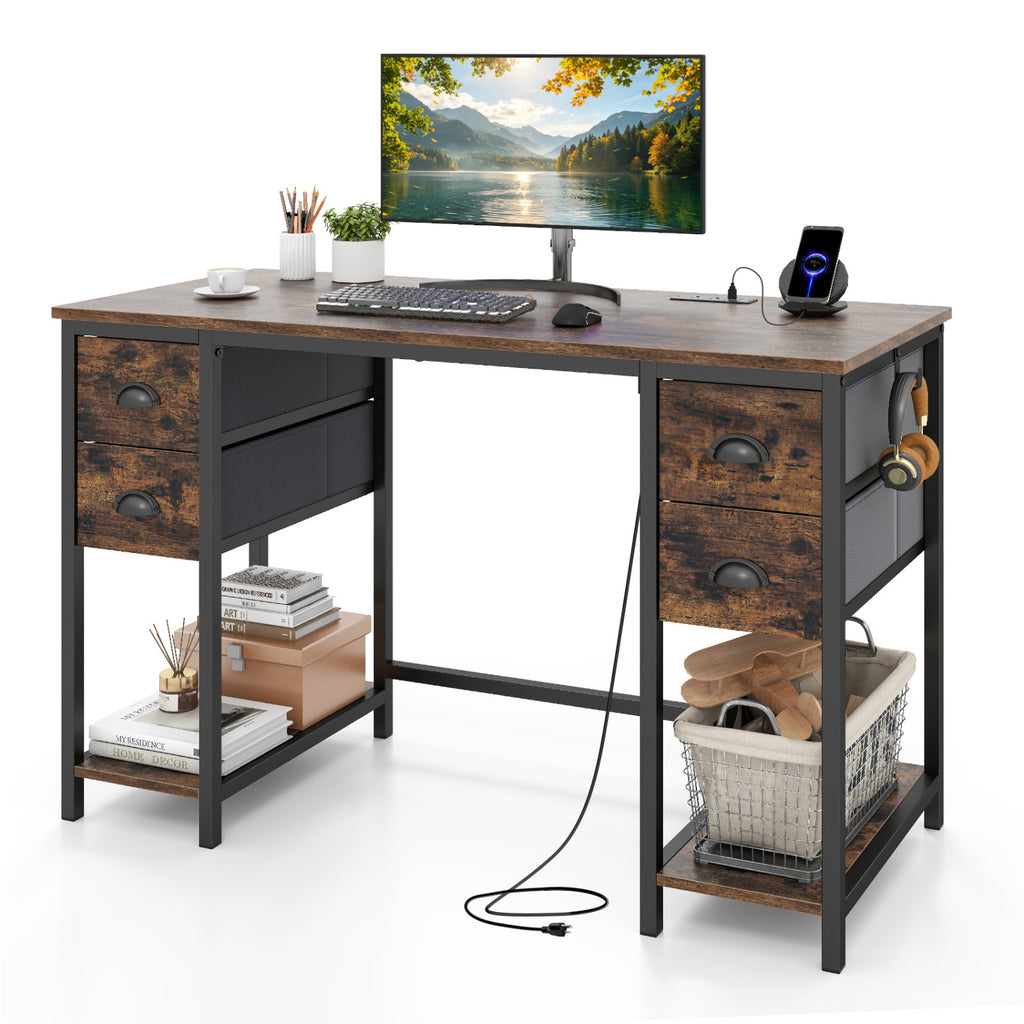 48 Inches Computer Desk with Power Outlet Home Office 4 Fabric Drawers
