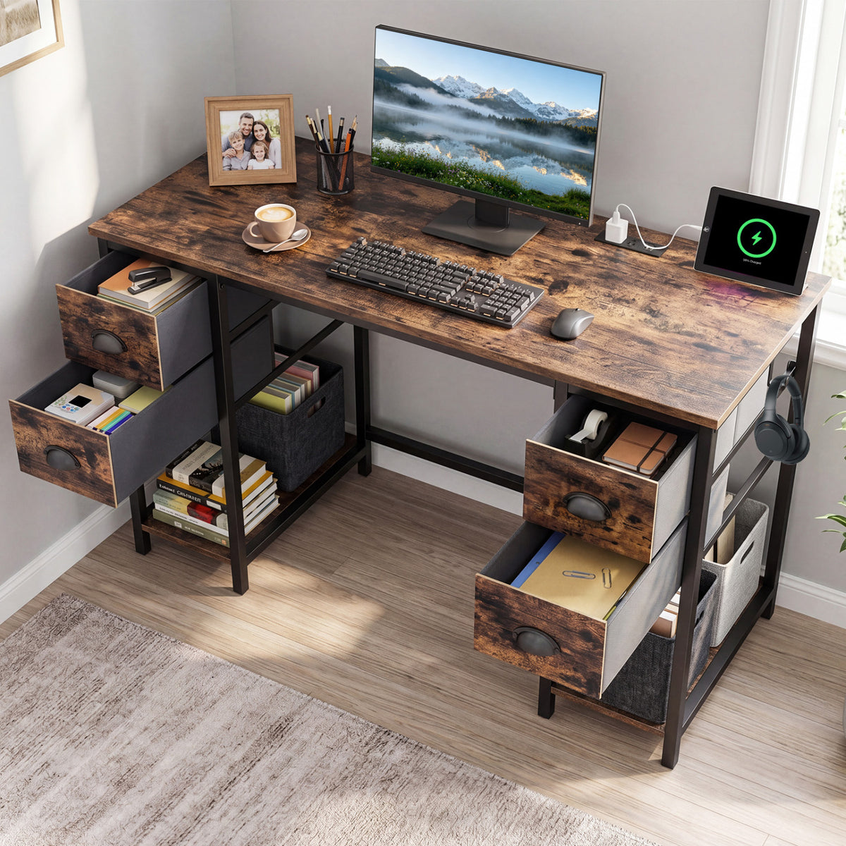 48 Inches Computer Desk with Power Outlet Home Office 4 Fabric Drawers