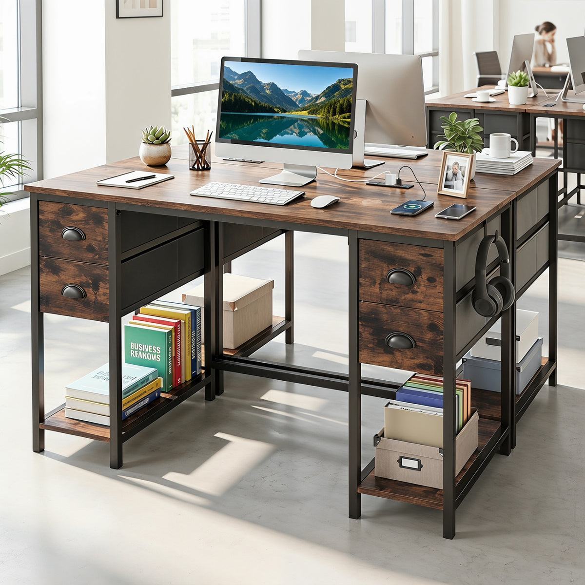 48 Inches Computer Desk with Power Outlet Home Office 4 Fabric Drawers