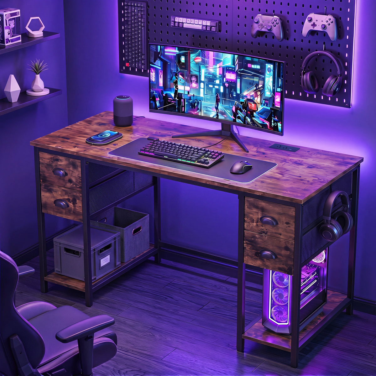 48 Inches Computer Desk with Power Outlet Home Office 4 Fabric Drawers