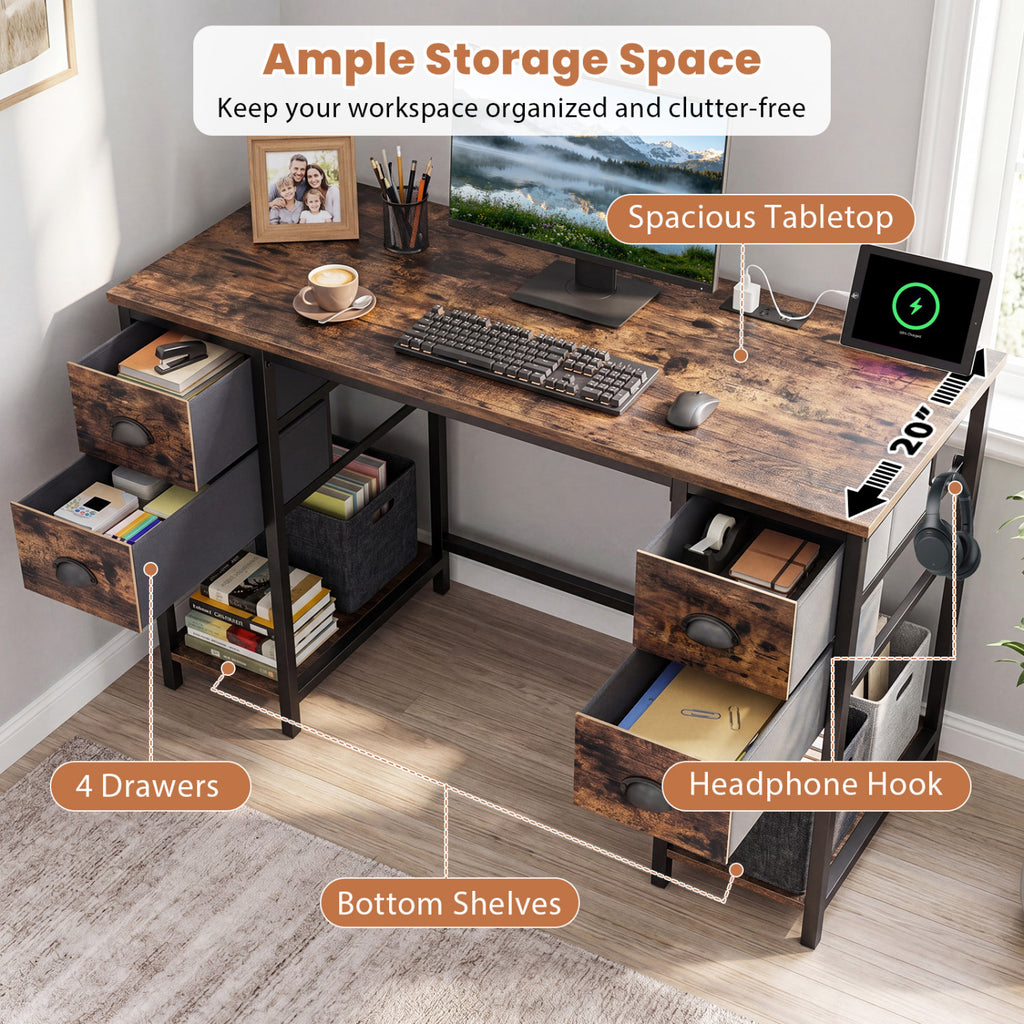 48 Inches Computer Desk with Power Outlet Home Office 4 Fabric Drawers