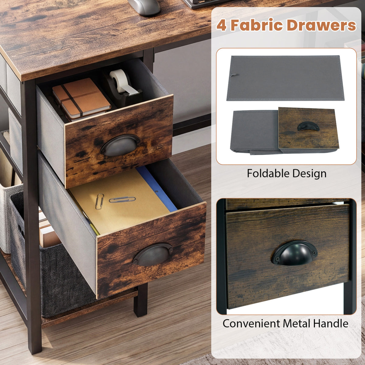 48 Inches Computer Desk with Power Outlet Home Office 4 Fabric Drawers