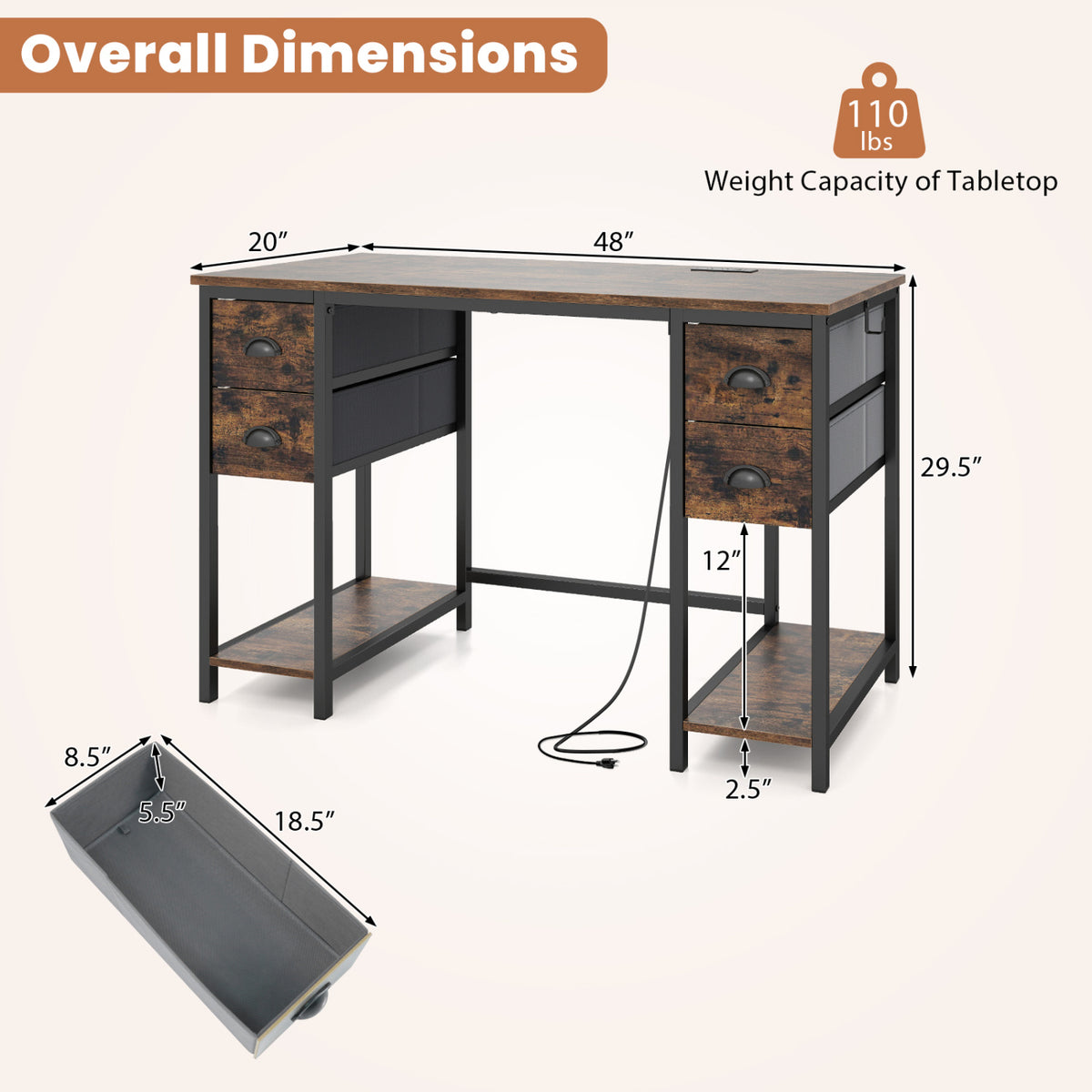 48 Inches Computer Desk with Power Outlet Home Office 4 Fabric Drawers