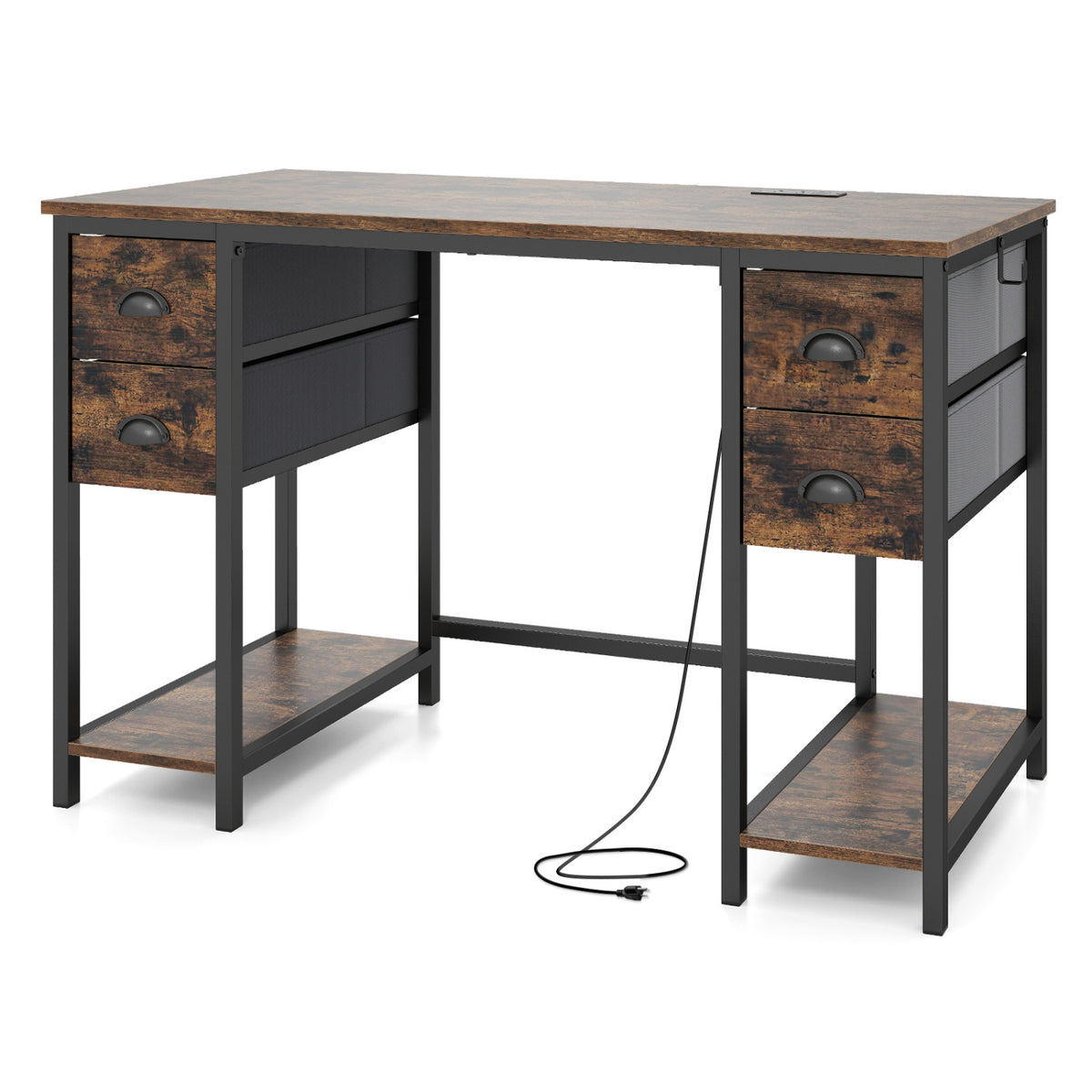48 Inches Computer Desk with Power Outlet Home Office 4 Fabric Drawers