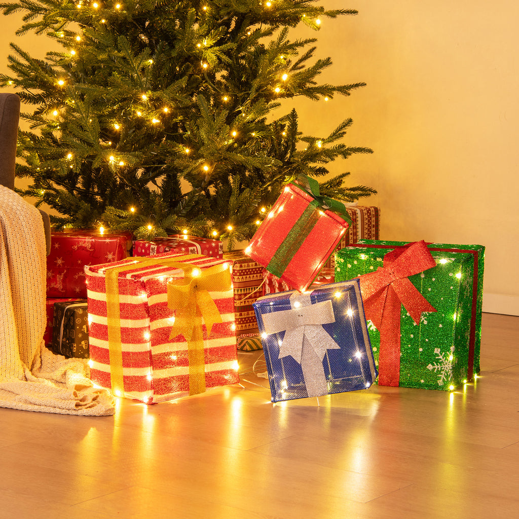 Set of 4 48-Inch Lighted Gift Boxes with LED Lights & Bows - Indoor Outdoor Decor