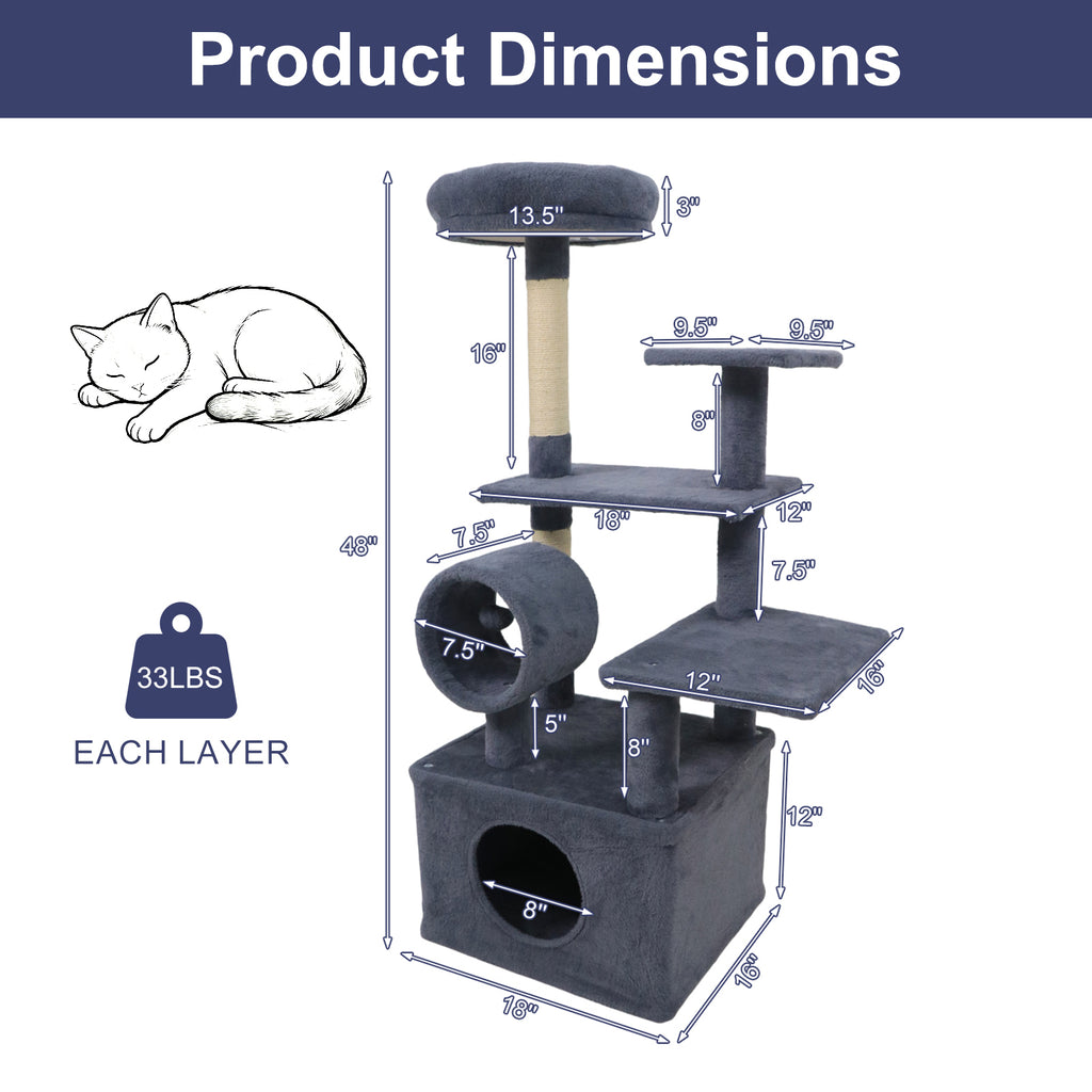 48-Inch Tall Multi-Level Cat Tree with Large Condo & Perches - Gray Variation