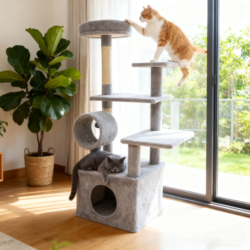 48 Inch Tall Cat Tree with Multi-Level Condo & Perches - Light Gray Variation