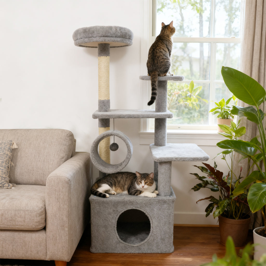 48 Inch Tall Cat Tree with Multi-Level Condo & Perches - Light Gray Variation