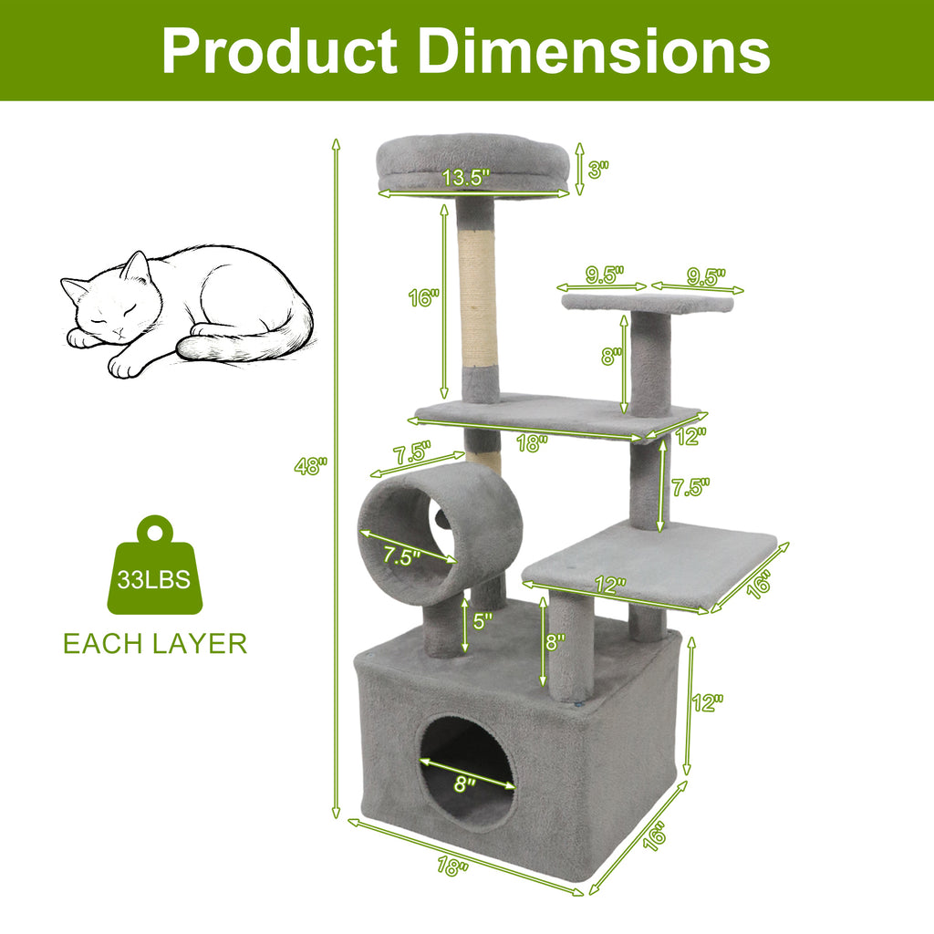 48 Inch Tall Cat Tree with Multi-Level Condo & Perches - Light Gray Variation