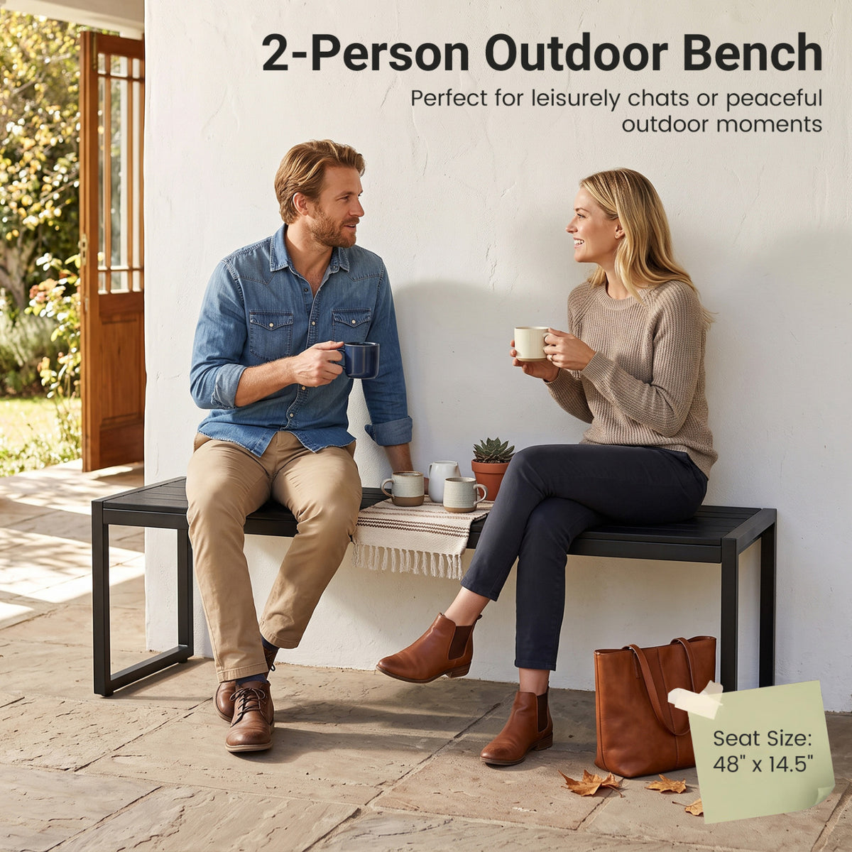 48" Outdoor Bench with Wood-Plastic Composite and Metal Frame Slatted