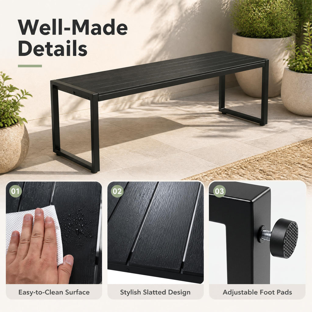 48" Outdoor Bench with Wood-Plastic Composite and Metal Frame Slatted