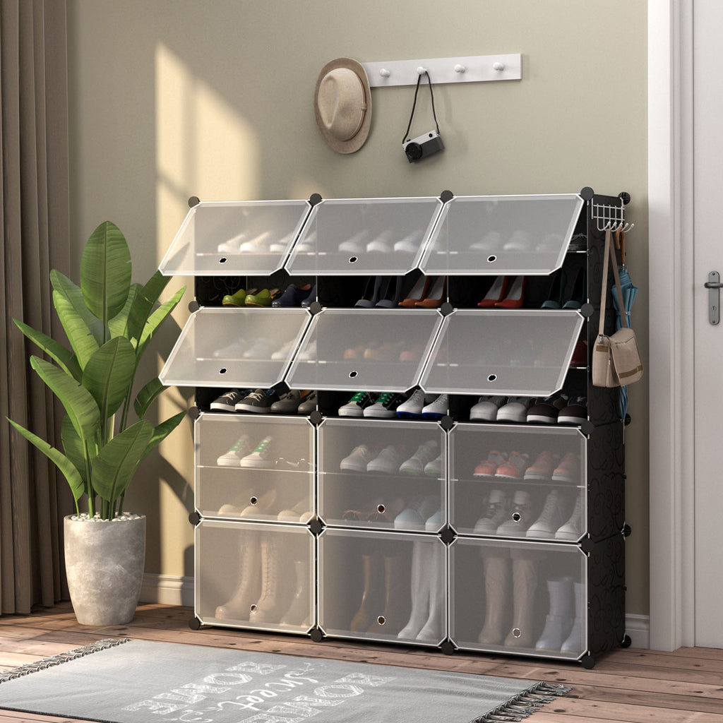 12-Cube Shoe Shelf Organizer - 48 Pair Storage with Hook, Black