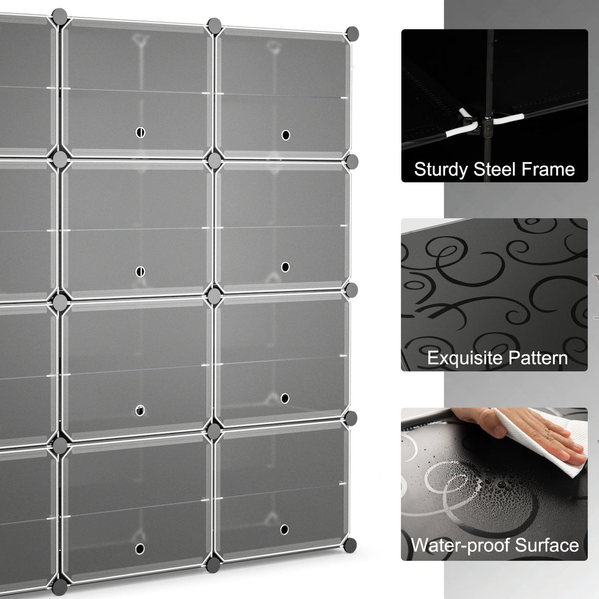 12-Cube Shoe Shelf Organizer - 48 Pair Storage with Hook, Black