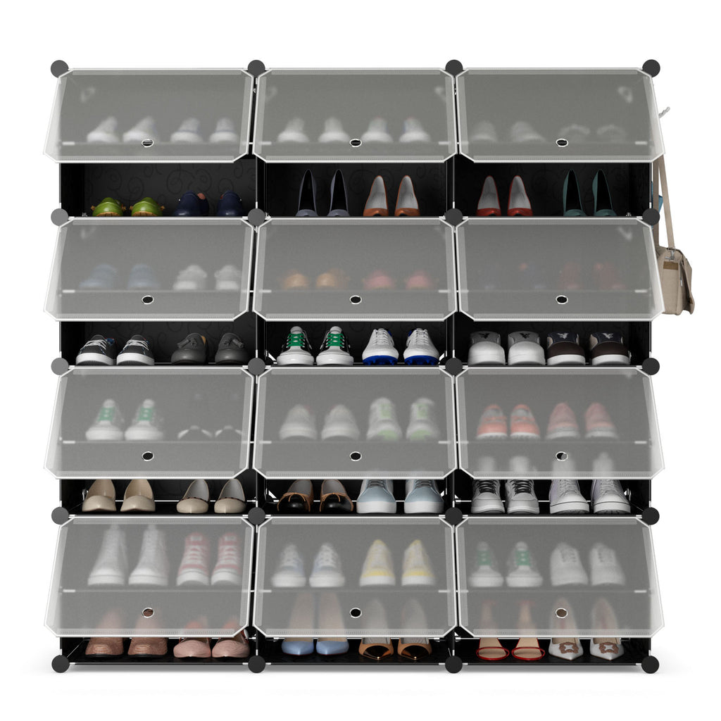 12-Cube Shoe Shelf Organizer - 48 Pair Storage with Hook, Black
