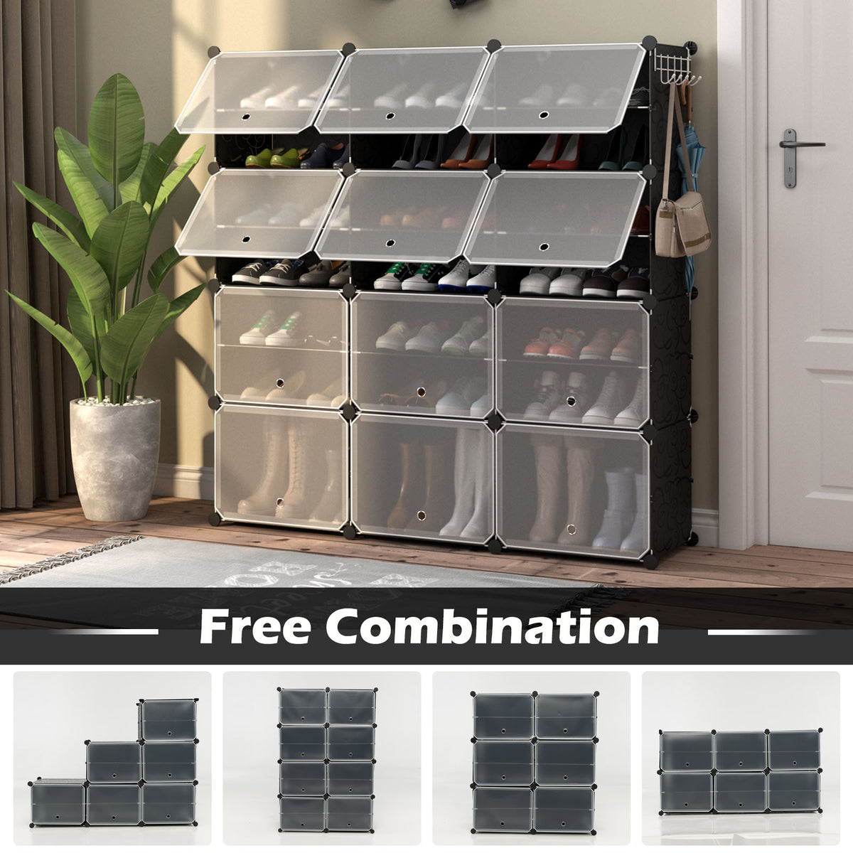 12-Cube Shoe Shelf Organizer - 48 Pair Storage with Hook, Black