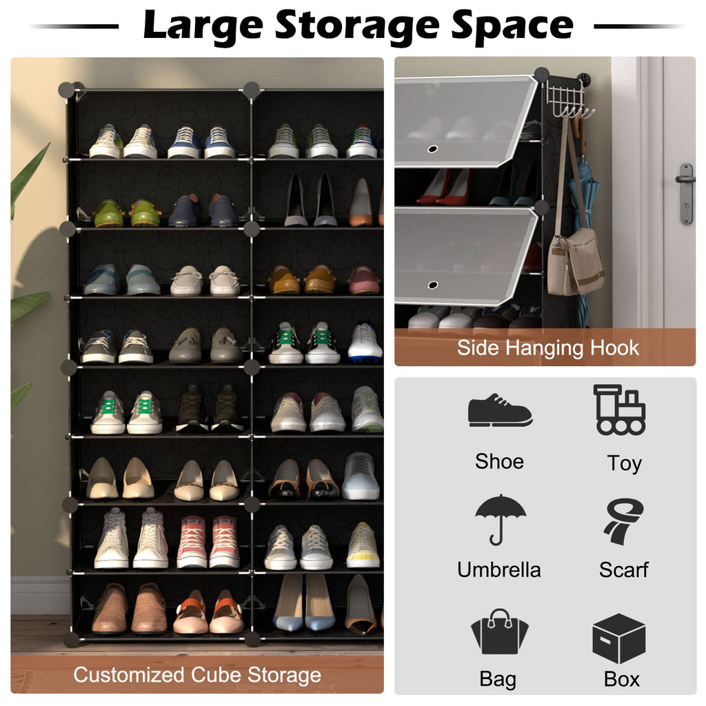 12-Cube Shoe Shelf Organizer - 48 Pair Storage with Hook, Black