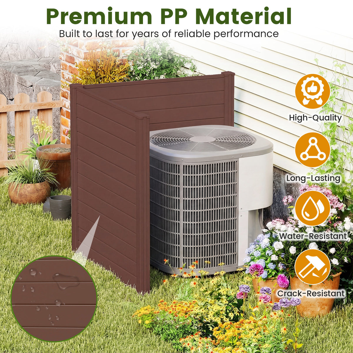 2-Panel 48x48 Inch Air Conditioner Fence with Metal Ground Stakes - Brown