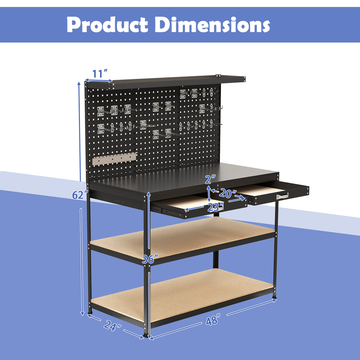 48 x 24 Inch Workbench Work Table with 3 PCs Pegboard Drawer and