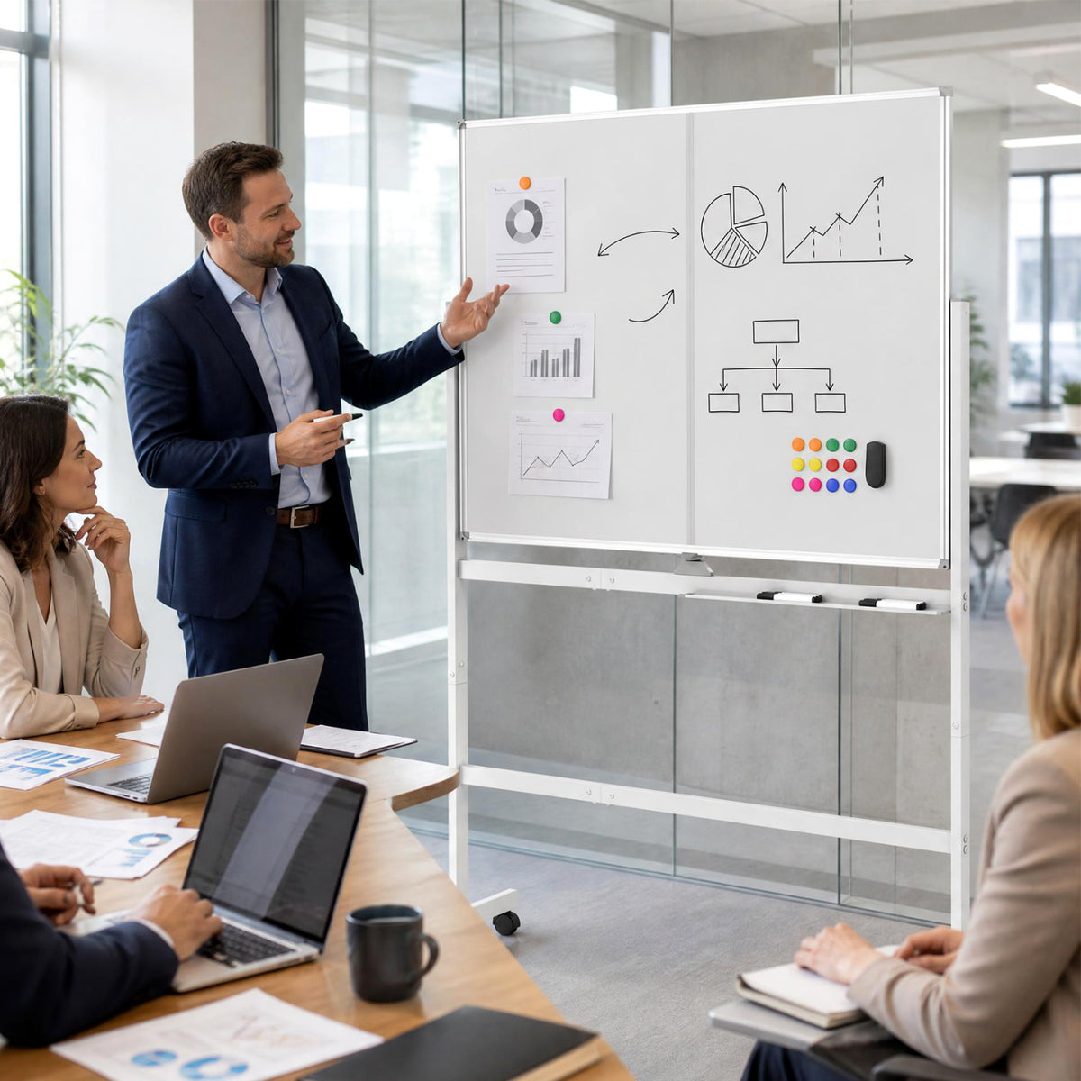 48" x 36" Double-Sided Mobile Whiteboard with Lockable Wheels - White