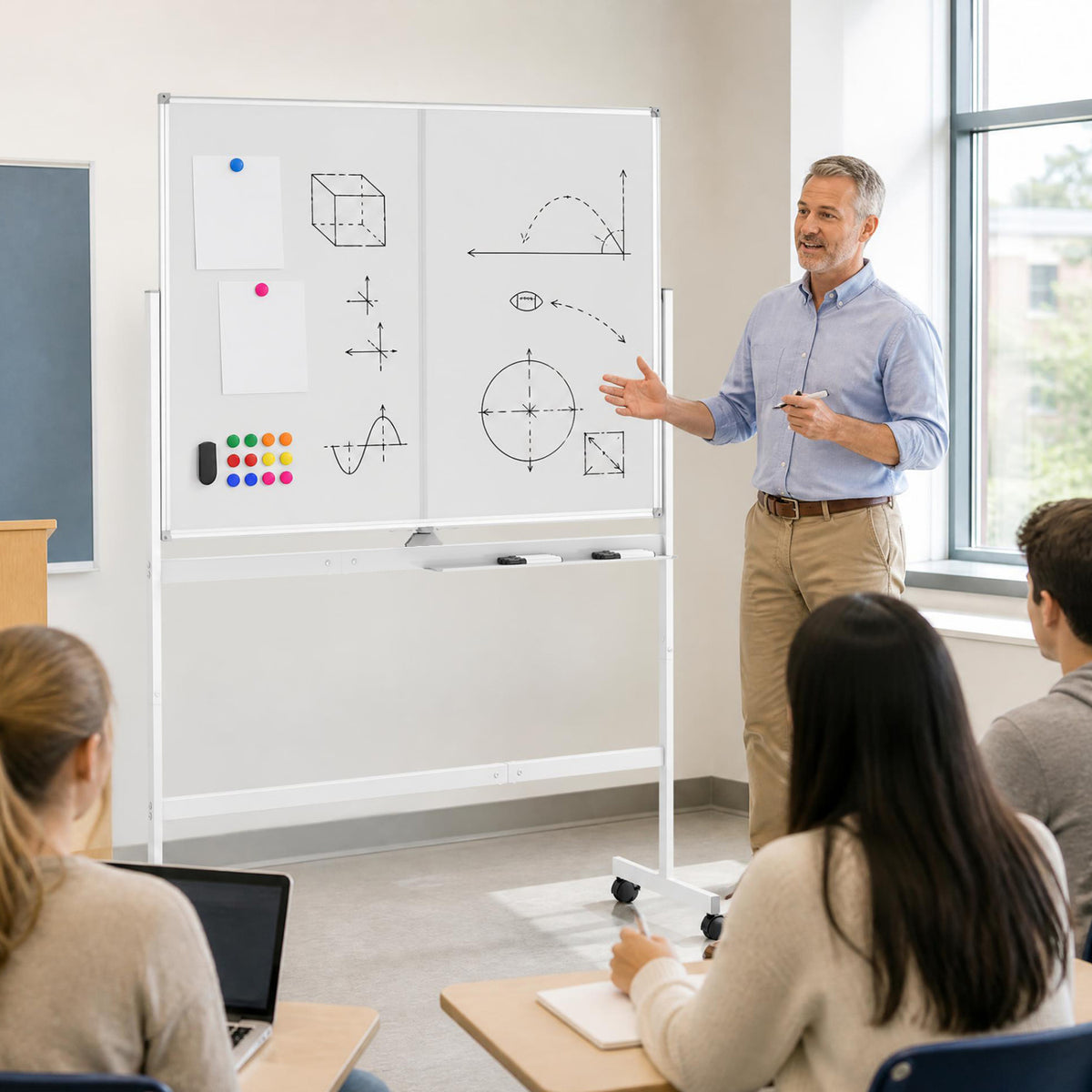 48" x 36" Double-Sided Mobile Whiteboard with Lockable Wheels - White