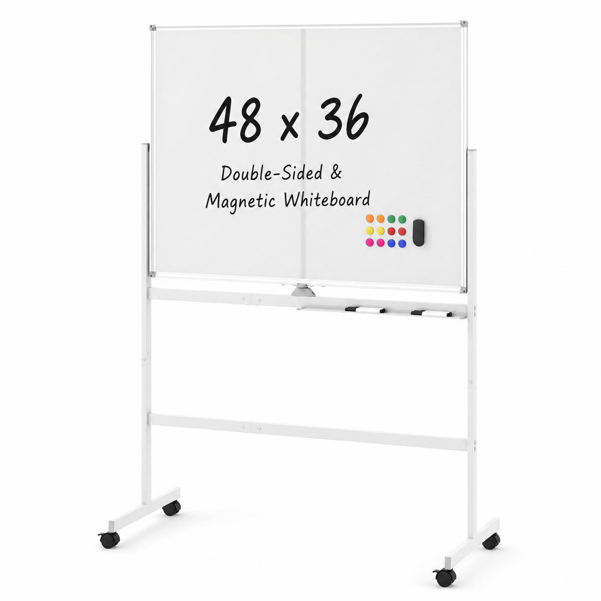 48" x 36" Double-Sided Mobile Whiteboard with Lockable Wheels - White