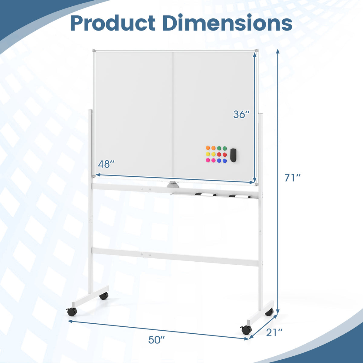 48" x 36" Double-Sided Mobile Whiteboard with Lockable Wheels - White