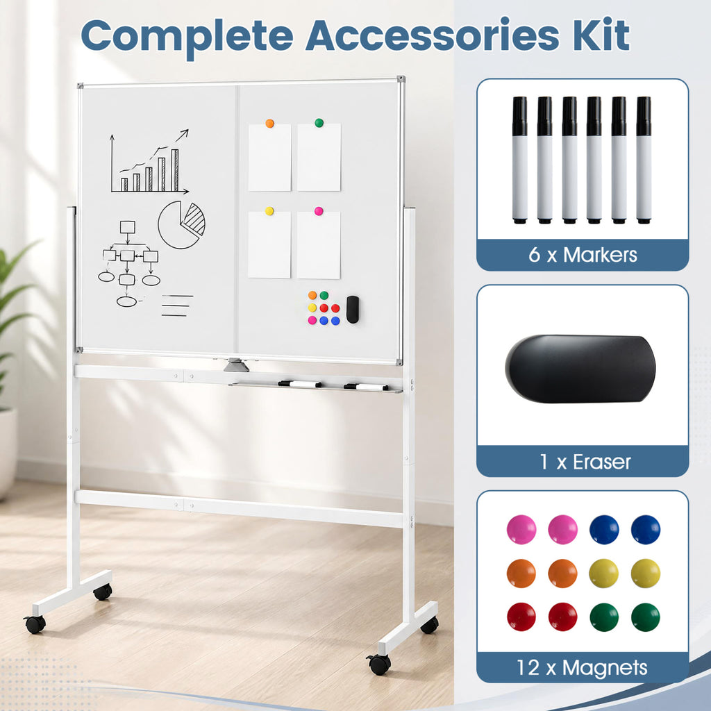 48" x 36" Double-Sided Mobile Whiteboard with Lockable Wheels - White