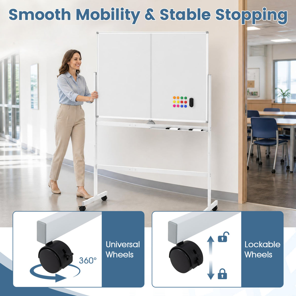 48" x 36" Double-Sided Mobile Whiteboard with Lockable Wheels - White