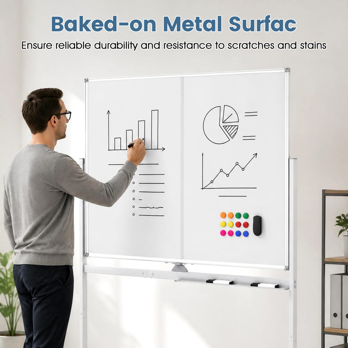 48" x 36" Double-Sided Mobile Whiteboard with Lockable Wheels - White