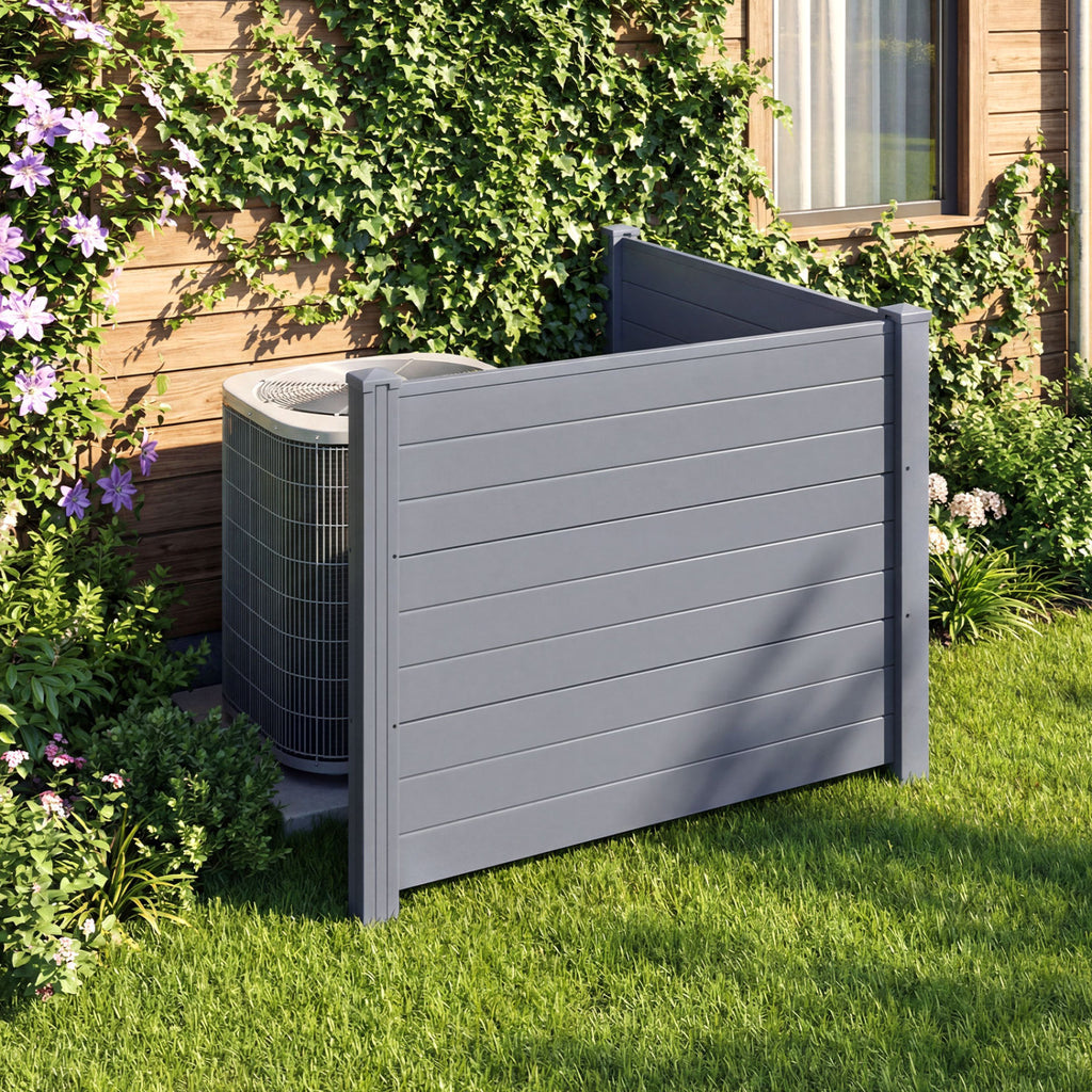 Gray Outdoor PVC Air Conditioner Fence with 20-Inch Stakes, Privacy Screen Panel - Weatherproof & Easy to Install