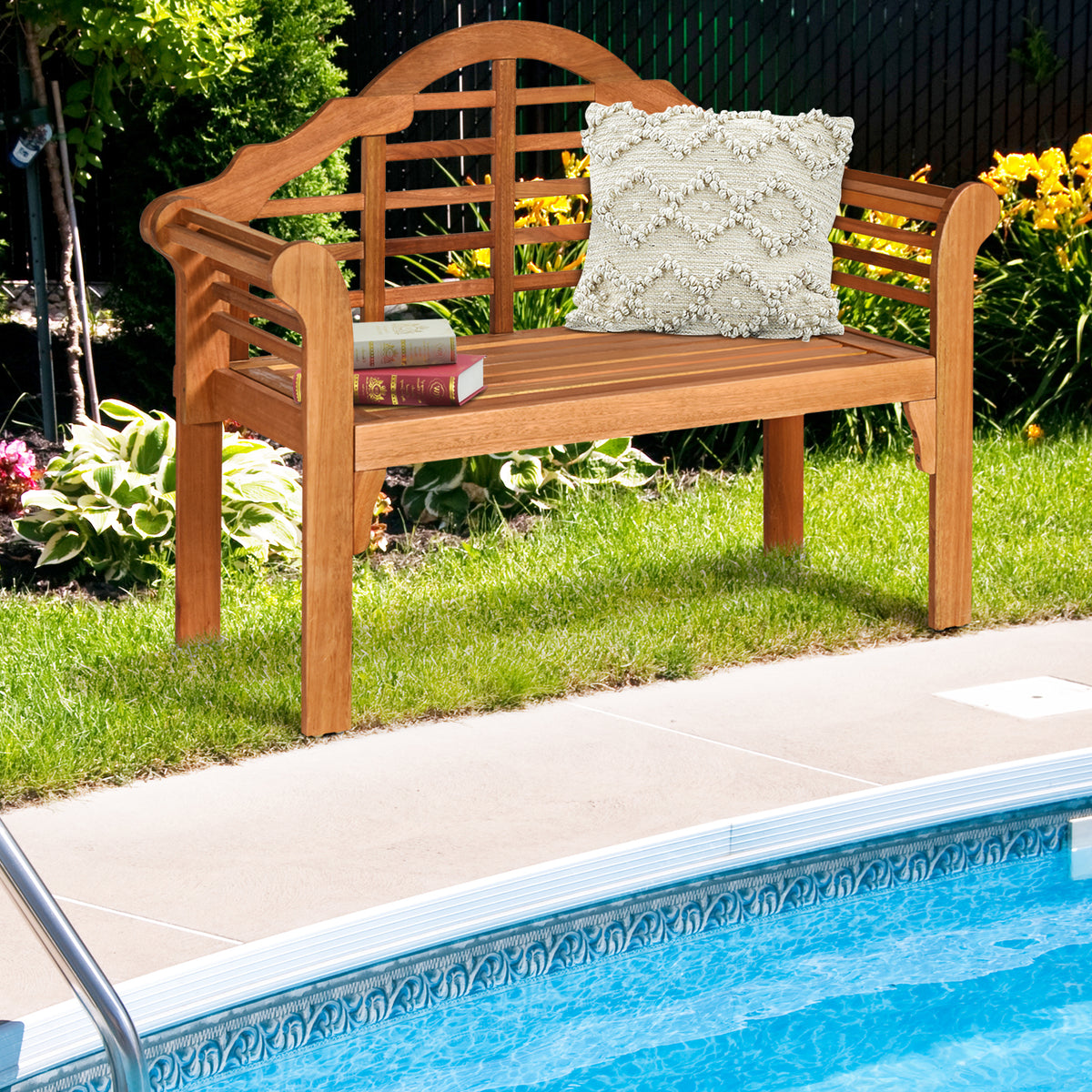49 Inch Eucalyptus Wood Outdoor Folding Bench with Backrest Armrest