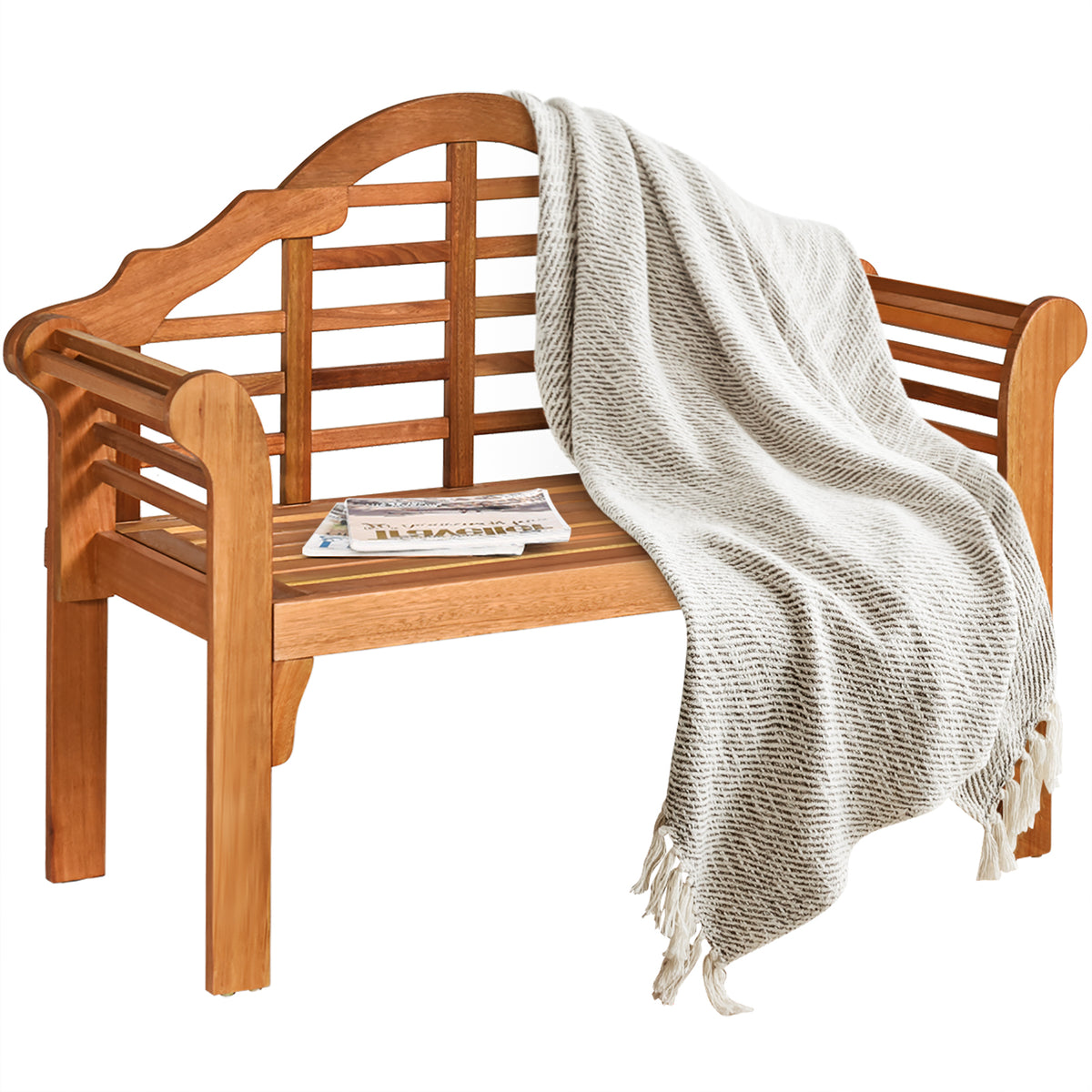 49 Inch Eucalyptus Wood Outdoor Folding Bench with Backrest Armrest