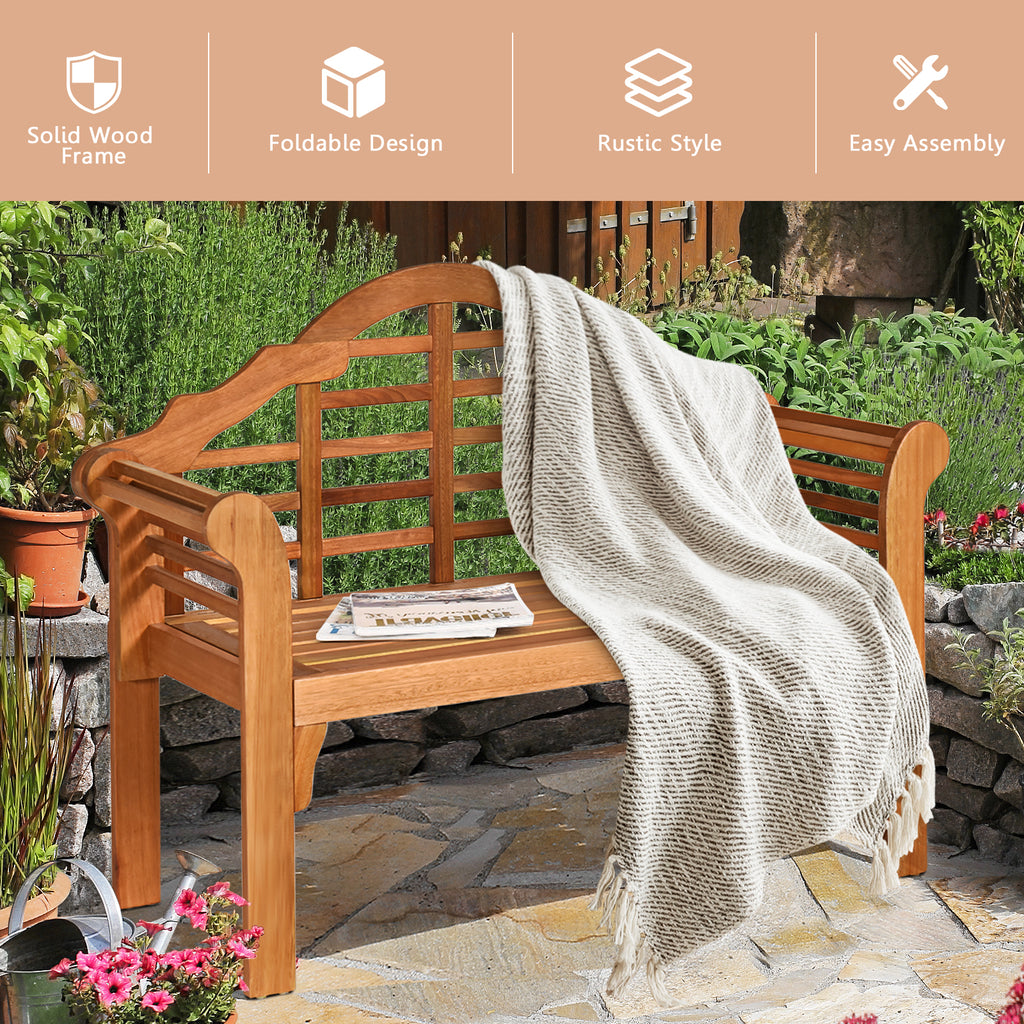 49 Inch Eucalyptus Wood Outdoor Folding Bench with Backrest Armrest